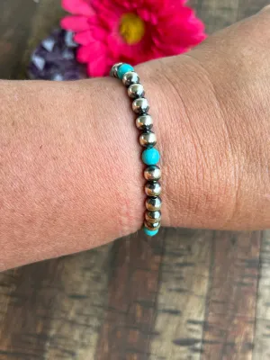 6mm Sterling Pearl and Turquoise Stretch Bracelet