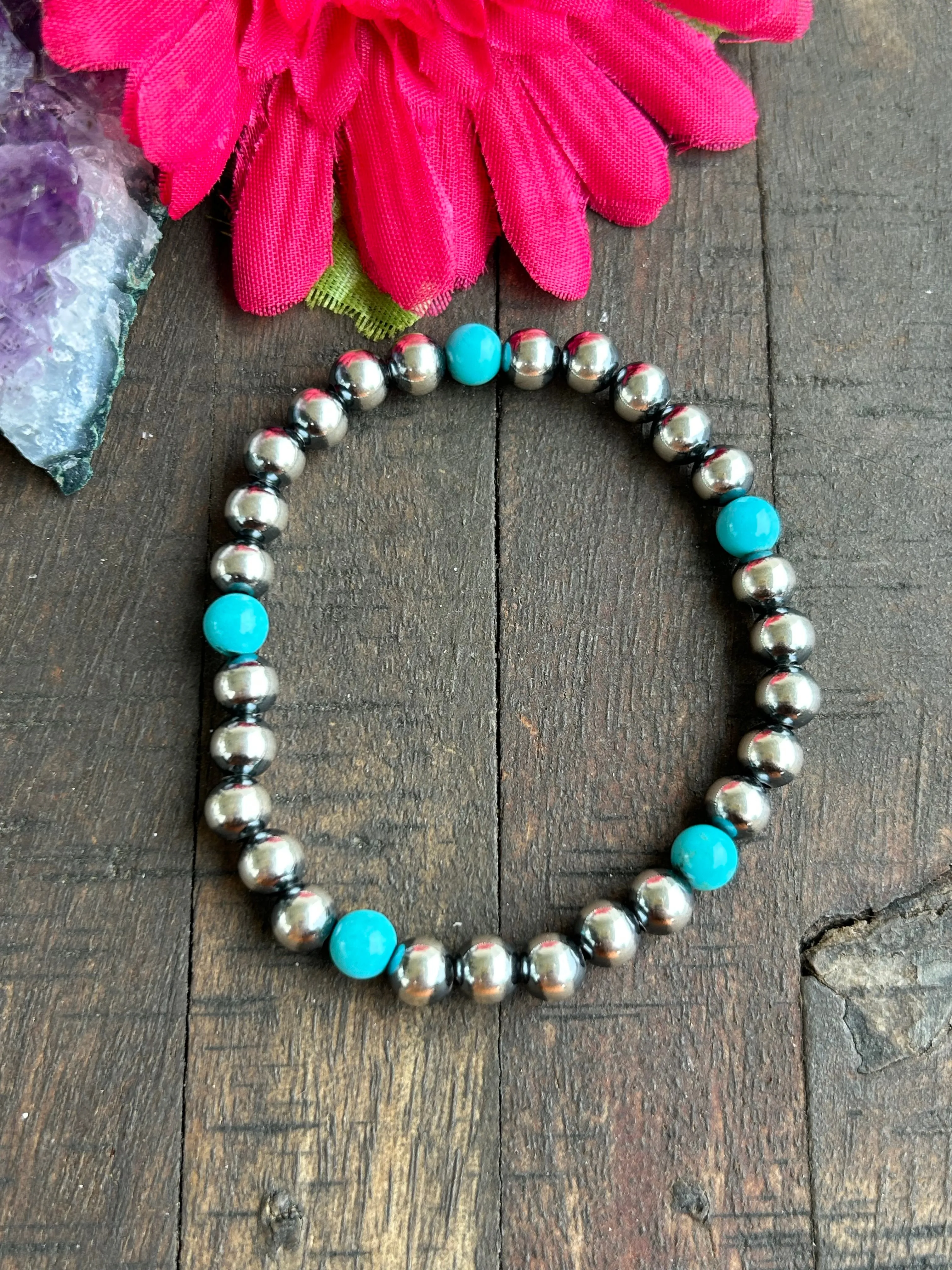 6mm Sterling Pearl and Turquoise Stretch Bracelet