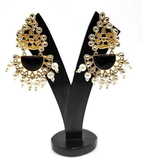 Black handmade designer brass pearl stone earrings