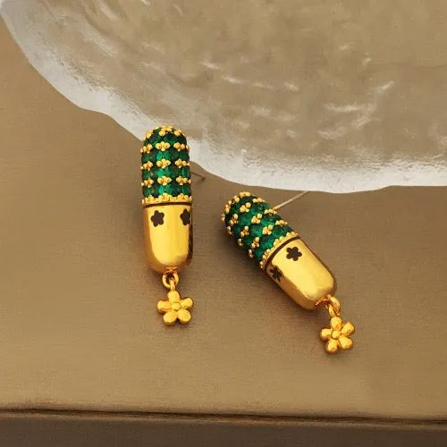 Capsule Design Earrings with Green Stones