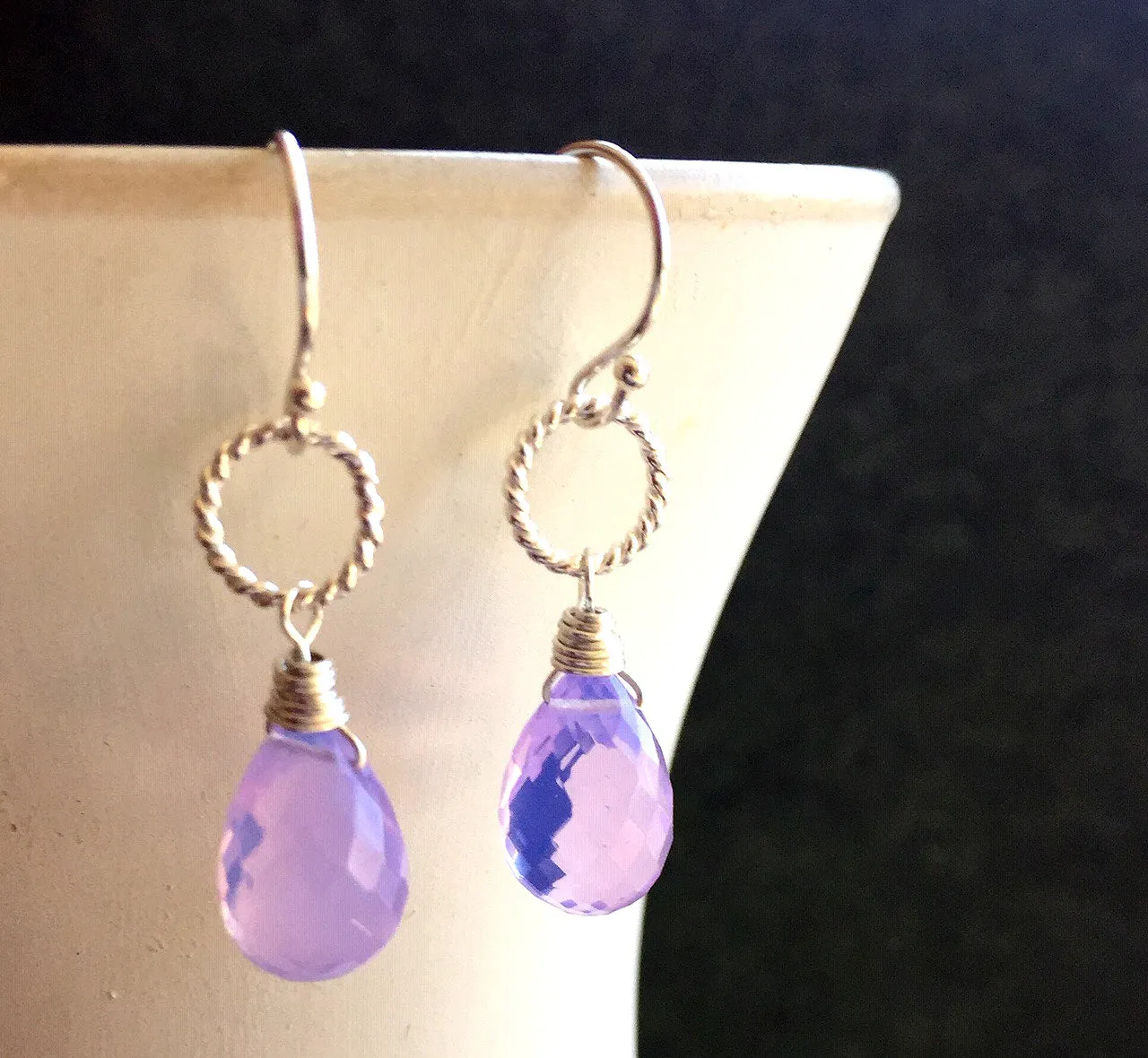 Lavender Scorolite Teardrop Silver Hoop Earring