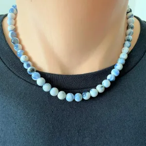 Mens Blue and White Matte Agate Beaded Necklace