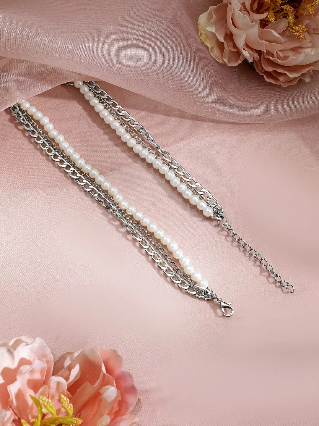 Rhodium Plated White Beaded & Link Chain 3 Layered Neckalce