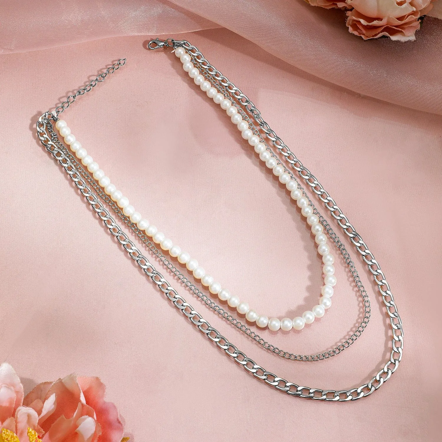 Rhodium Plated White Beaded & Link Chain 3 Layered Neckalce