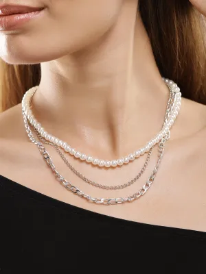 Rhodium Plated White Beaded & Link Chain 3 Layered Neckalce