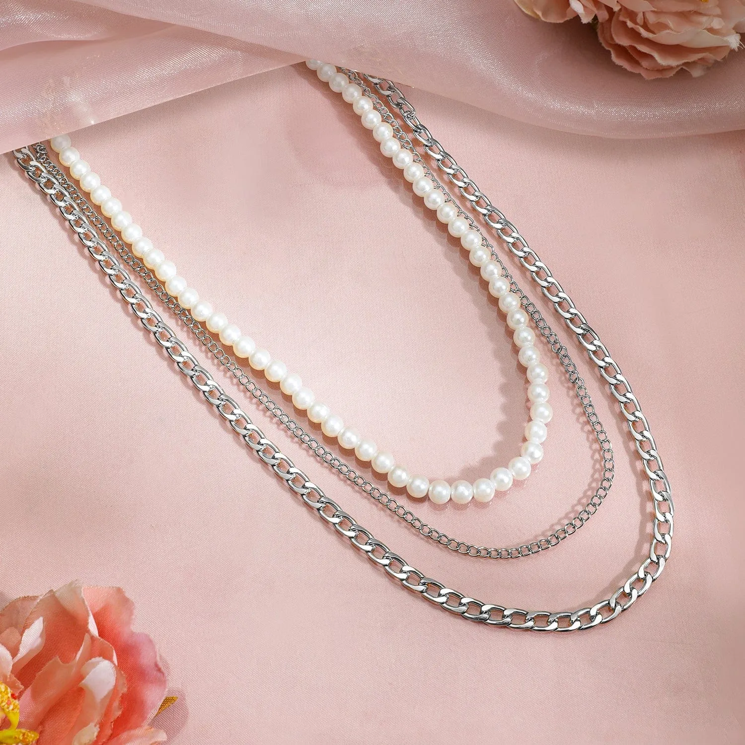 Rhodium Plated White Beaded & Link Chain 3 Layered Neckalce