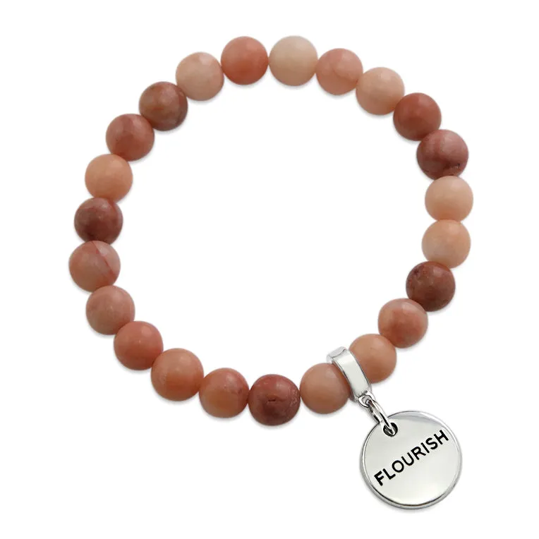 Stone Bracelet - Cream & Clay Agate 8mm Beads - With Silver Word Charms