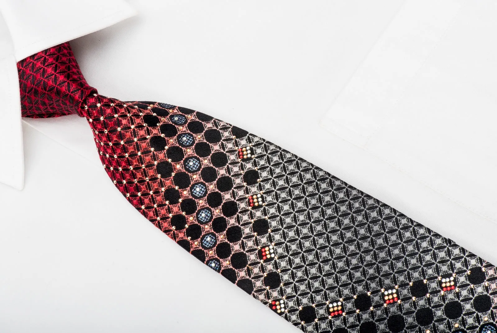 Yezak Mens Rhinestone Tie Silver Red Geometric Lattice On Black Silk