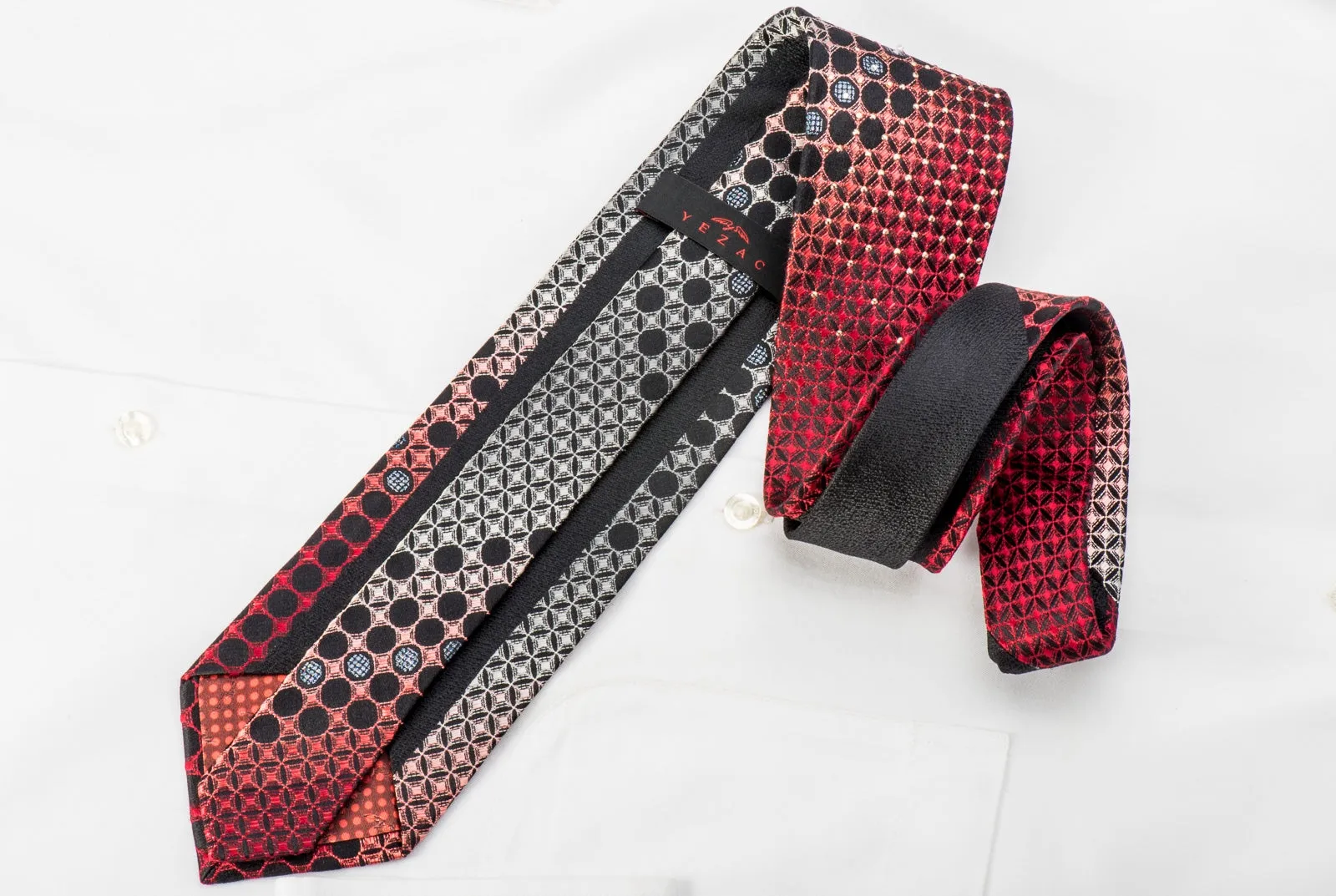 Yezak Mens Rhinestone Tie Silver Red Geometric Lattice On Black Silk