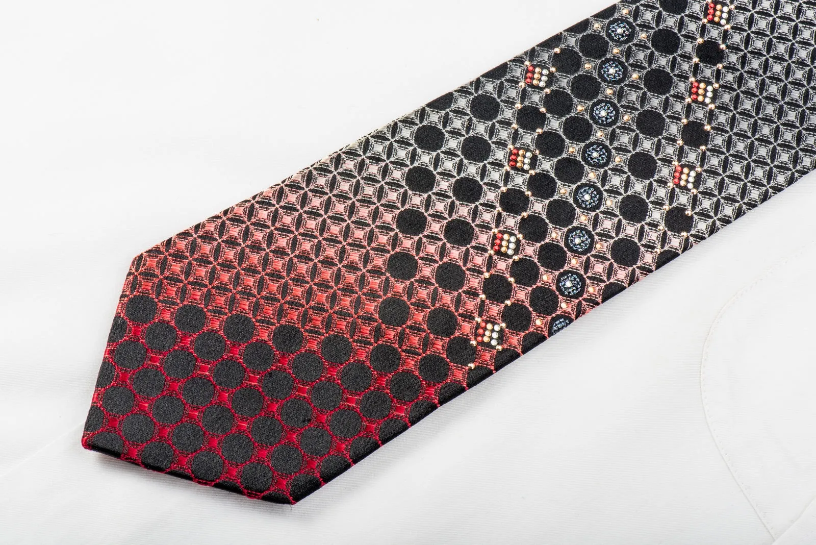 Yezak Mens Rhinestone Tie Silver Red Geometric Lattice On Black Silk