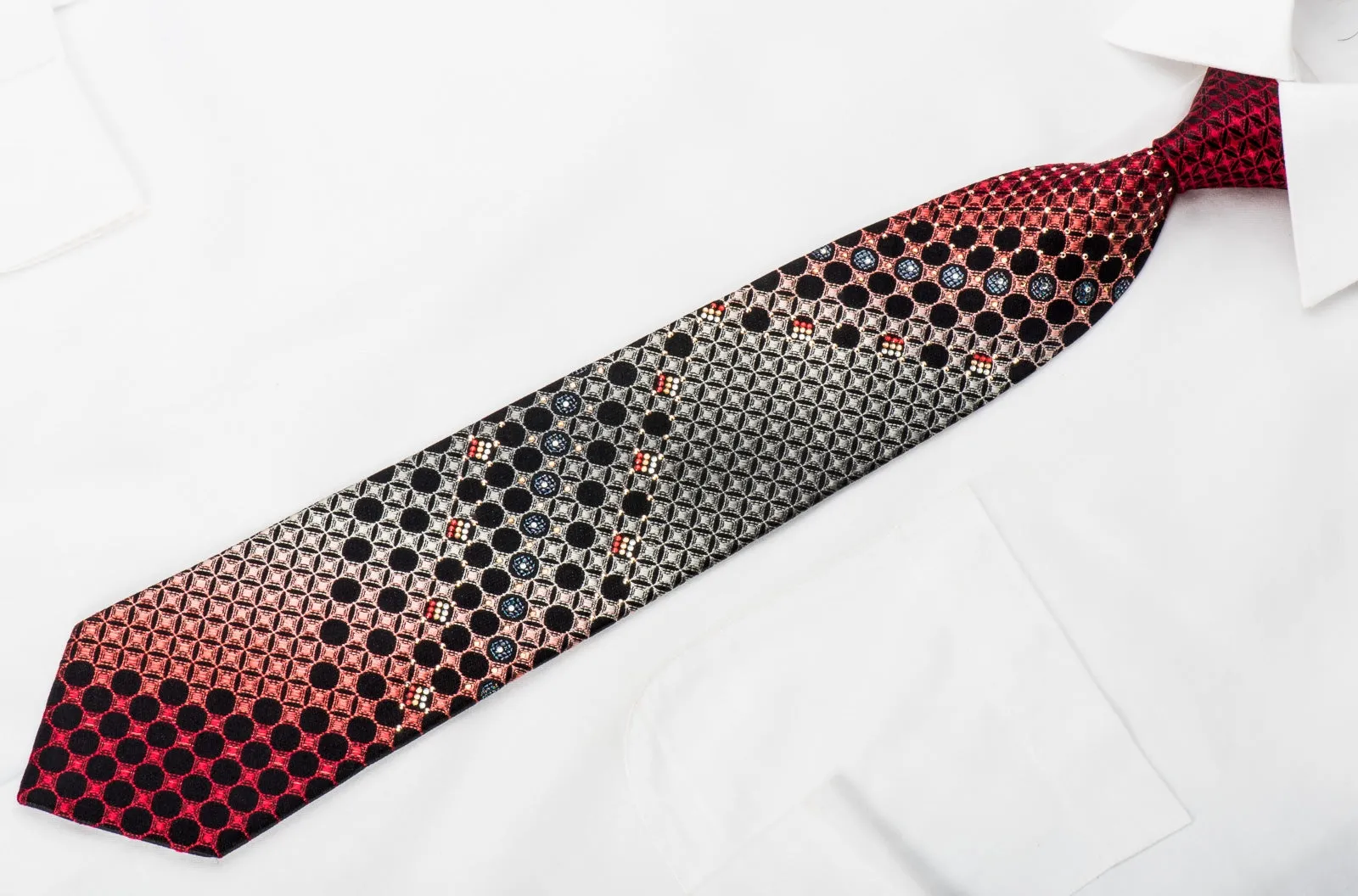 Yezak Mens Rhinestone Tie Silver Red Geometric Lattice On Black Silk